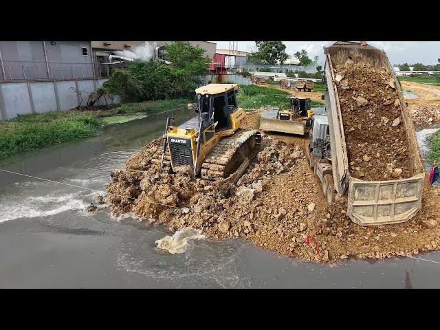 New Update Project New Road Building in Swap Water By Bulldozer SHANTUI, 25Ton Truck Dropping Dirt