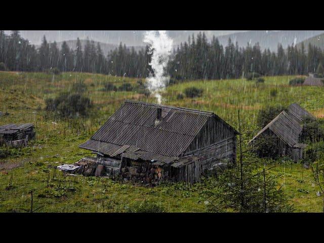 Abandoned log cabin in the mountains, hut in the forest