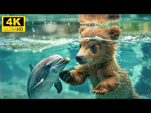 Baby Animals Playing In Water 4K (60FPS) - The Magical World Of Young Animals With Relaxing Music