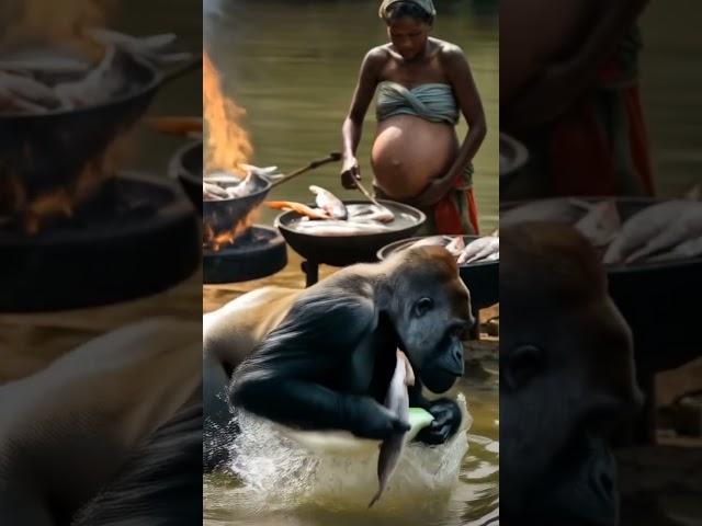 The gorilla is hunting fish. Meanwhile, the pregnant woman is cooking fish. #cute #monkey #funny