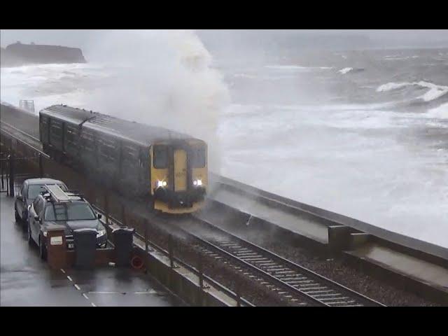 Class 150 2T14 - Storm Bert - Dawlish Sea Wall (Saturday)