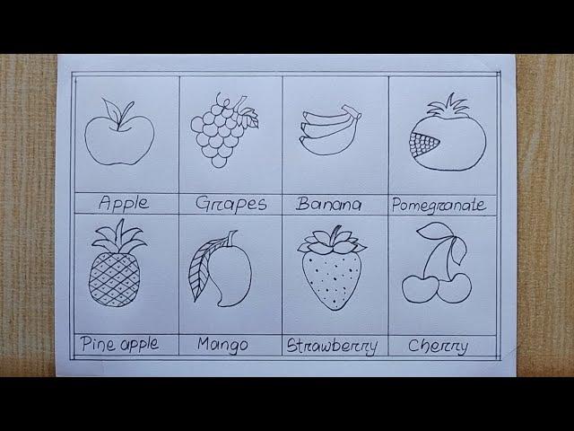 8 Different types of Fruits drawing easy| How to draw Different fruits| Fruits Chart Pencil drawing