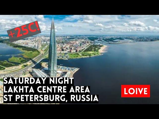 Saturday Night in Lakhta Centre Area on Gulf of Finland in St Petersburg, Russia. LIVE