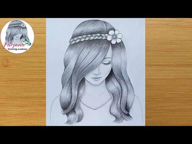 A girl with beautiful hair Pencil Sketch drawing / How to draw a girl