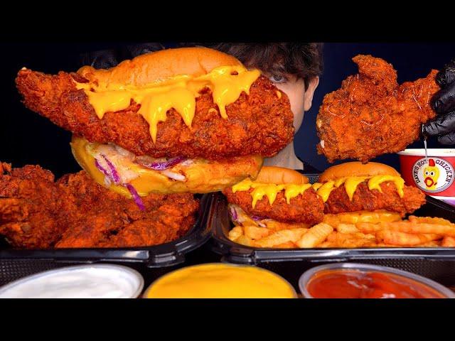 ASMR MUKBANG DAVES HOT CHICKEN BURGERS SPICY FRIED CHICKEN CHICKEN NUGGETS & FRIES | WITH CHEESE