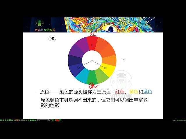 色彩构成04_色彩搭配秘笈_色彩的三原色，（2019课程）吴老师讲授，课程中包含色彩应用、色彩情感、色彩心理、色彩的对比与协调，色彩配色，色彩色相、色彩纯度饱和度、色彩明度亮度、色调、色彩象征等知识。