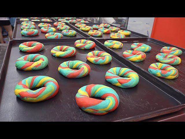 Making Colorful Rainbow Bagels, Cream Cheese - Korean street food