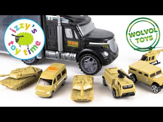 WolVol Military Transport Car Carrier Truck and Hot Wheels Fire Station