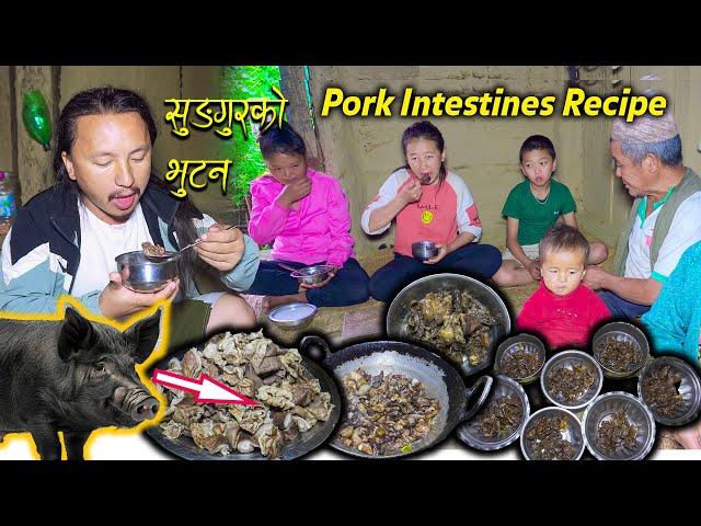 Fry Pork Intestines Recipe Eating with Sisters-in-law || Village style intestines fry recipe #pork