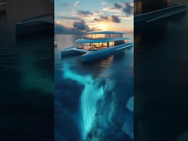 a solar-catamaran with floating lounge pods