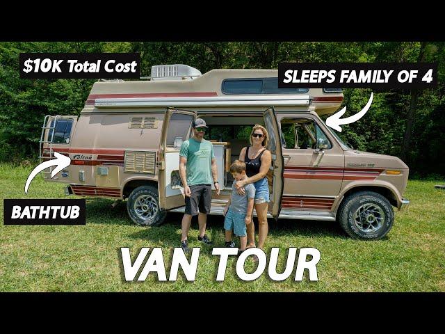 VAN TOUR | 80's Retro Camper VAN Tour with Bathroom that sleeps family of 4 and has a BATHTUB!