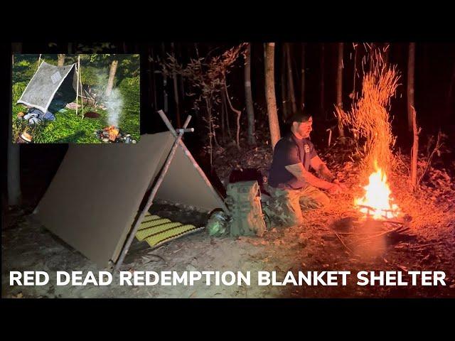 Solo Overnight Building a Red Dead Redemption 2 Wool Blanket Shelter in the Woods