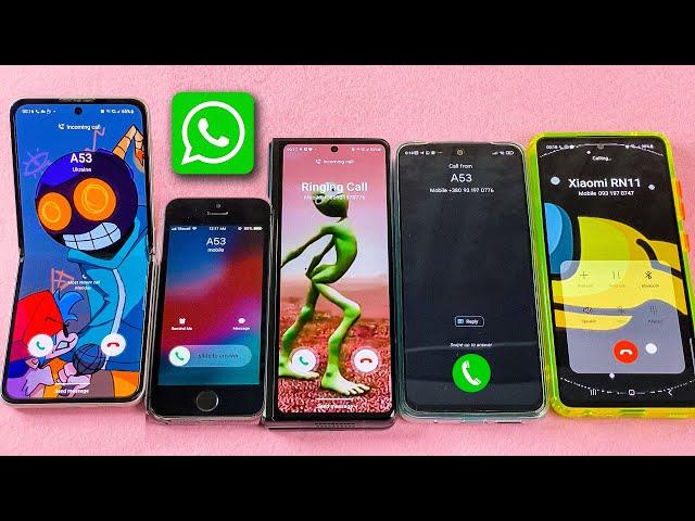 Z Flip + iPhone + Z Fold + Xaomi Redmi Incomig Call + WhatsApp Group Samsung A53 Outgoing Call