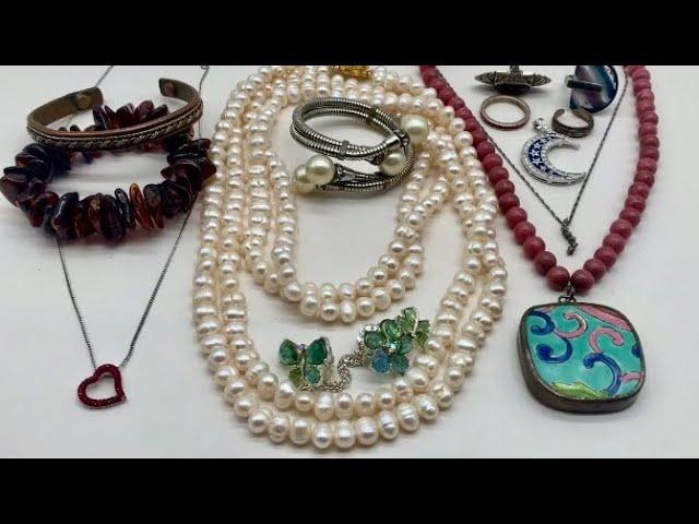 Goodwill Bluebox 5lbs Jewelry Unboxing! New Jersey bag #2. Amber, Pearls and Swarovski!