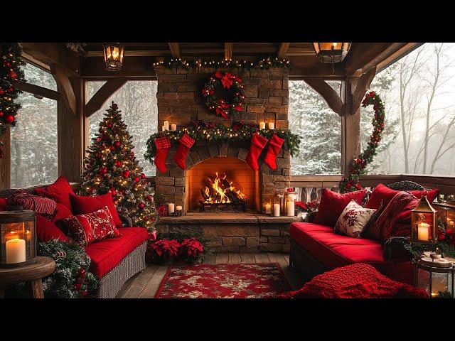 Winter Jazz Christmas Balcony Ambience ️ Relaxing Fireplace and Snowfall Views for a Cozy Winter