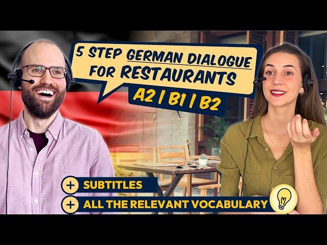 German Dialogue in Restaurant (A2, B1, B2) | Conversation for Ordering Food + Drinks | Payment