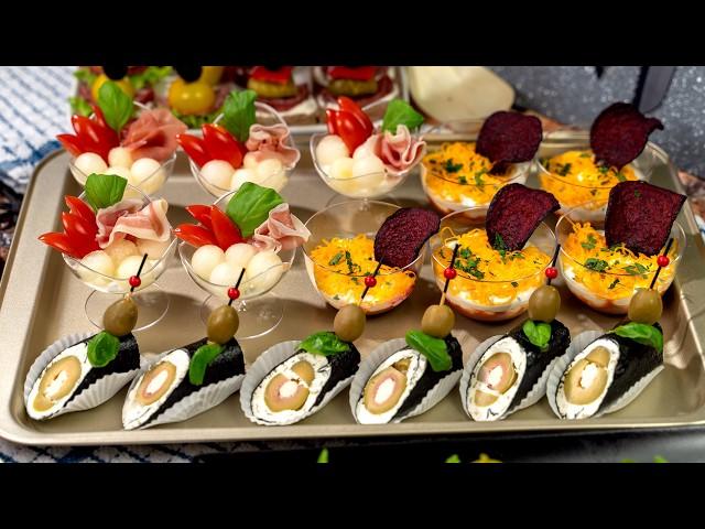 Top 4 finger foods for a party. Snacks in cups, nori rolls, and glass appetizer recipes