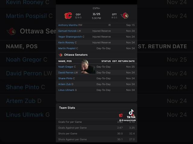 Ottawa Senators VS Calgary Flames :Free NHL Betting info for 11/25/24