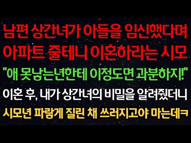 실화사연-남편 상간녀가 아들을 임신했다며 아파트 줄테니 이혼하라는 시모 “애 못낳는 너한테 이정도면 과분하지!” 이혼 후 상간녀의 비밀을 알려줬더니 시모 파랗게 질린채 쓰러지는데ㅋ