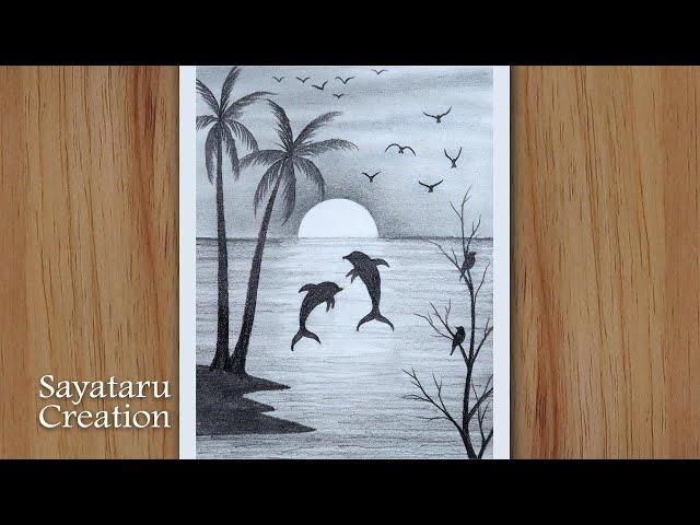 How to draw Scenery of Dolphin in Beach - Sunset Scenery Drawing with Pencil Sketch