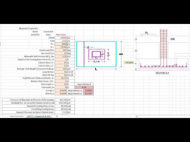 Single foundation design excel for civil engineering using building design results from CSI Etabs