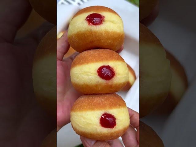 Fluffy donut recipe with one cup of flour, homemade strawberry jam. Simple recipe