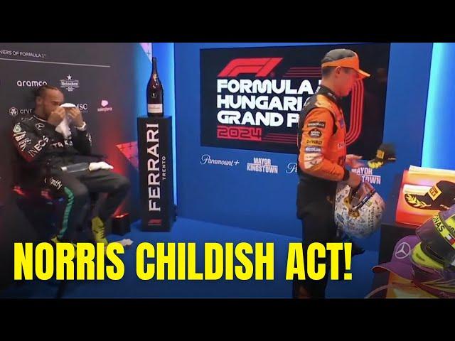 Lando Norris acting childish to Lewis Hamilton and throwing P2 cap during cooldown room