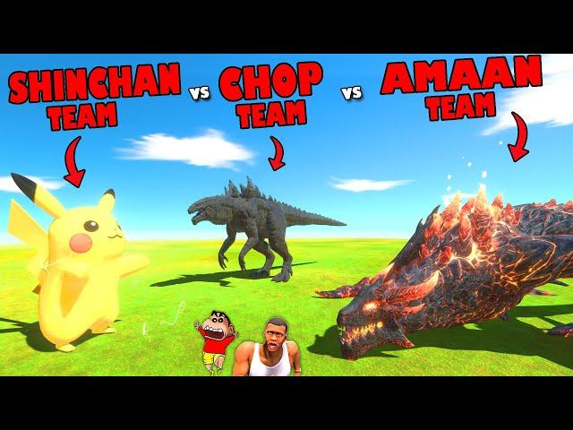 SHINCHAN TEAM vs CHOP TEAM vs AMAAN TEAM in Animal Revolt Battle Sim | PIKACHU, KING KONG, GODZILLA