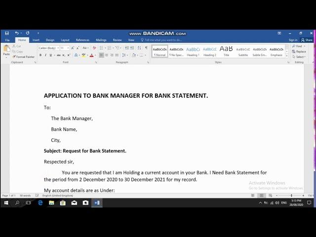 How To Write An Application To Bank Manager For Bank Statement.