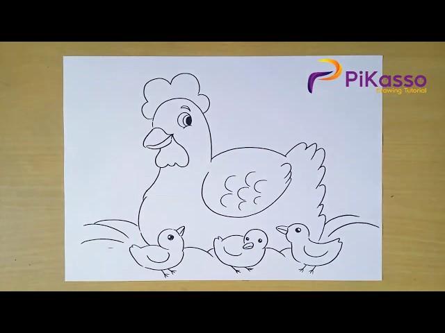 How to Draw Hen and Chick with Coloring step by step