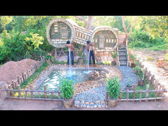 Build Mini Swimming Pool And House Using Wooden Brick And bamboo