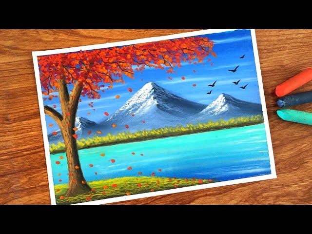 Oil Pastel Red Tree Landscape Painting for beginners | Oil Pastel Drawing