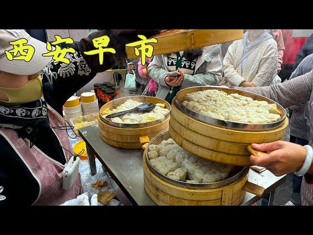 Chinese Morning Market: Long Lines for Various Food, Chinese burger, Flower Cake,Vegetable Pancakes