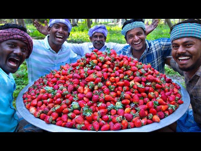 1000 STRAWBERRY | Rava Kesari Recipe using Strawberry Jam | Strawberry Recipe Cooking in Village