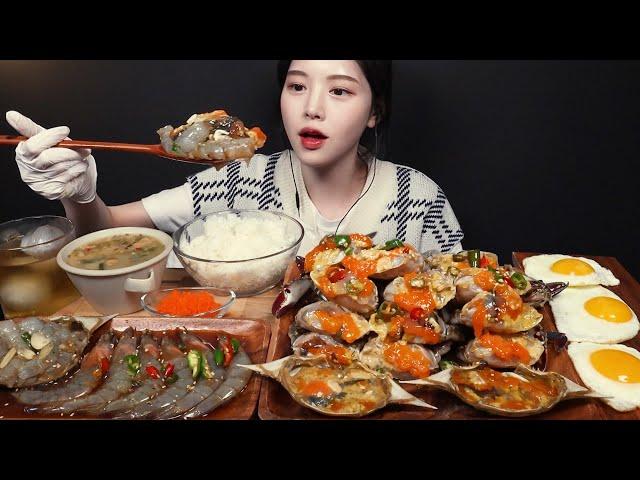 SUB)Soy Sauce Marinated Crab and Shrimp with Rice and Fried Eggs Mukbang Asmr Eating Sounds