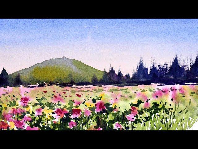 How to paint   watercolor landscape flowers field