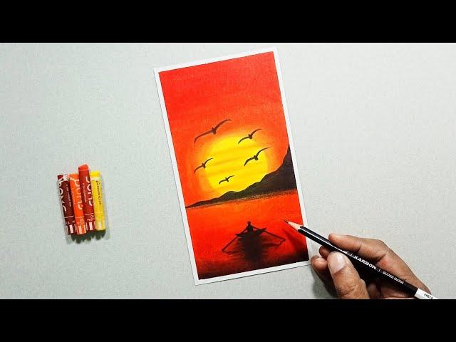 SUNRISE Scenery DRAWING Using GERANIUM Colour || Easy Drawing for Beginners || Oil Pastel Drawing