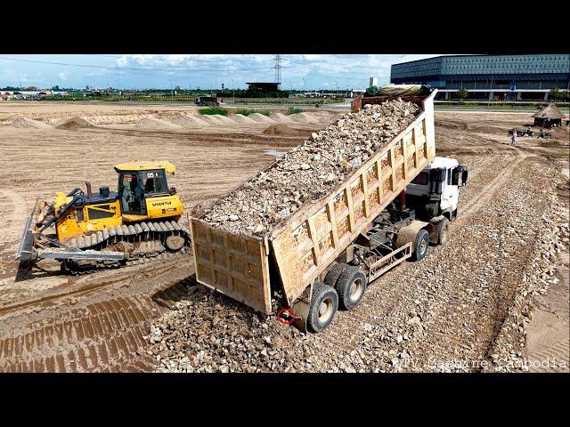 Getting New Build Road Long DONGFENG Dump Truck Unloading Stone & Bulldozer Leveling, Grading