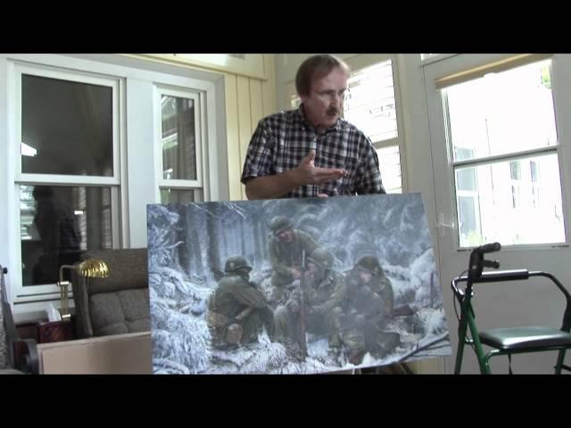 Dick Winters reacts to the "Hang Tough, Bastogne" painting