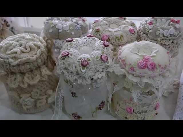 Altered Canvas bag/fabric flowers/ pin cushion  jars/paper bag card/Lace gift bag