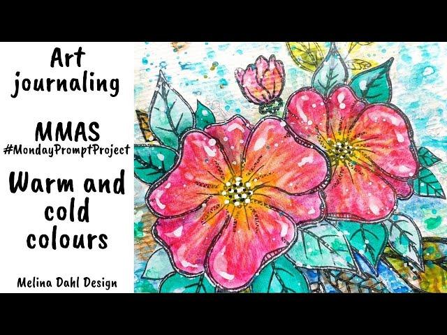 Warm and cold colours - mixed media art journal spread