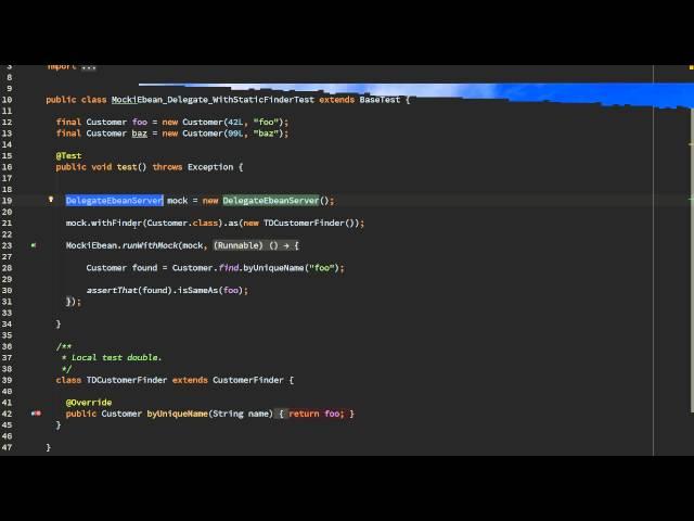 Ebean ORM - Testing static finder using DelegateEbeanServer