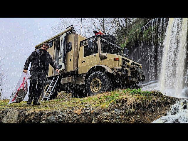 CAMPING BY THE WATERFALL IN A STORM