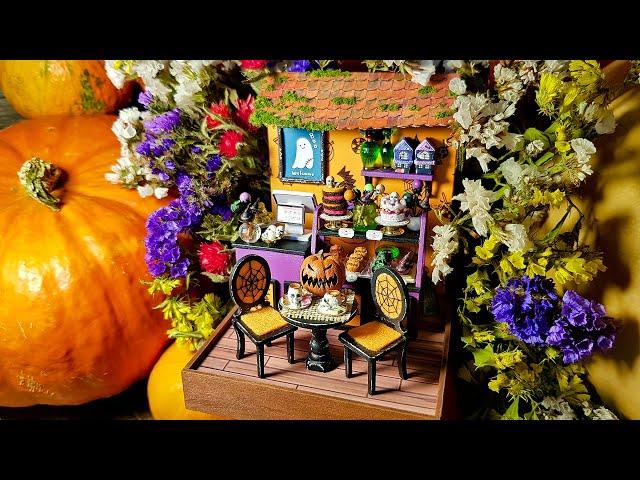 DIY miniature dollhouse cute cafe with tiny food and Halloween decor