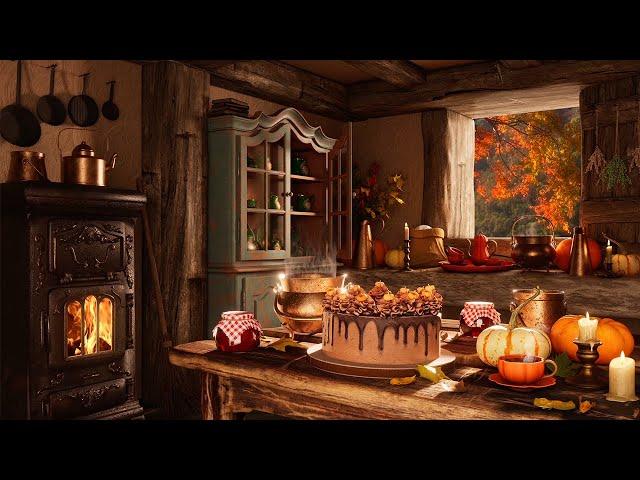 Autumn Cozy Kitchen Ambience | Baking Sounds, Wood Burning Stove, Fall Season Birds, Crows