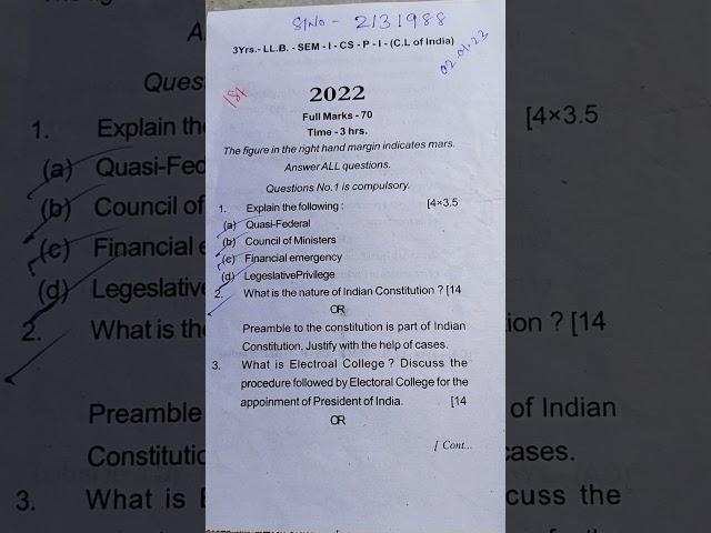 #3 years LLB#1st semester #Paper 1#constitutional law of india #question paper#2022#shorts