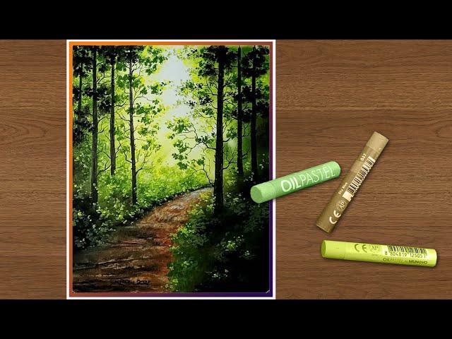 How To Draw using Oil Pastels: Easy Morning Forest Scenery Drawing