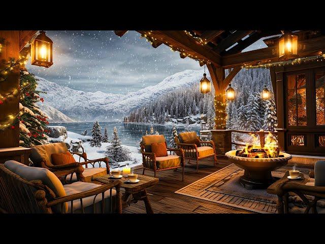 Cozy Winter Porch Ambience  Warm Piano Jazz Music and Crackling Fireplace on a Snowy Day for Relax