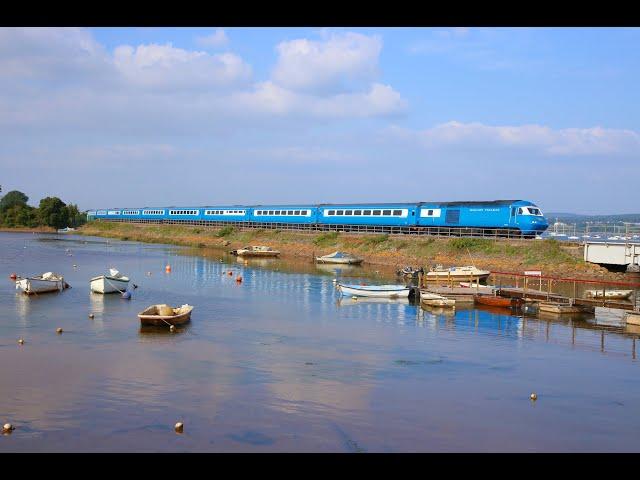 43049 & 43046 cross Cockwood Harbour on 1Z43 Dumfries - Penzance Cornish Riviera Pullman   30/08/24