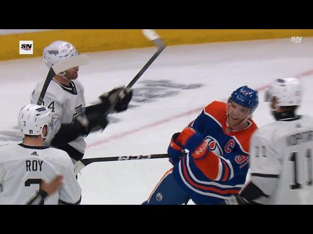 Connor McDavid shoved around by the Kings